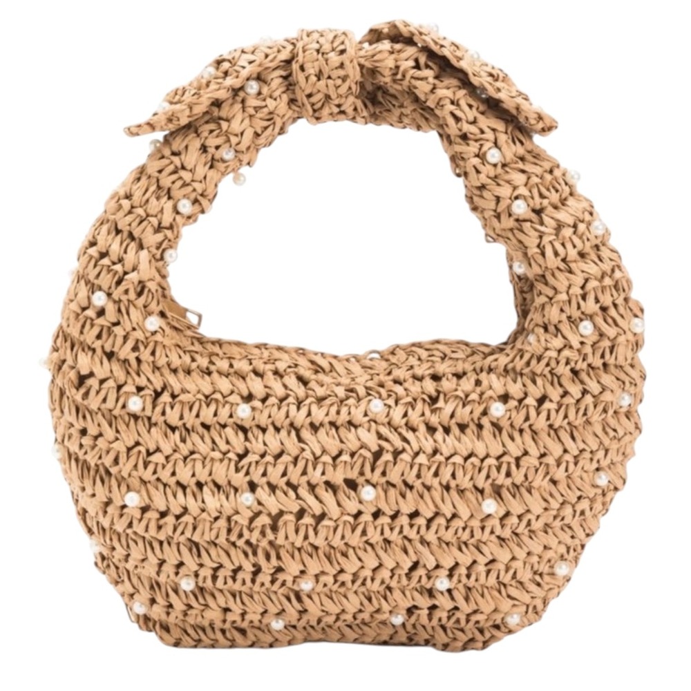 Haute Hippie Style Woven Straw Pearl Hobo Bag NWT Tan Knotted Handle Handbag